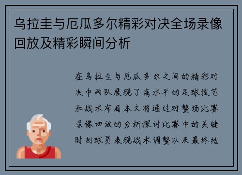 乌拉圭与厄瓜多尔精彩对决全场录像回放及精彩瞬间分析