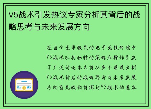 V5战术引发热议专家分析其背后的战略思考与未来发展方向